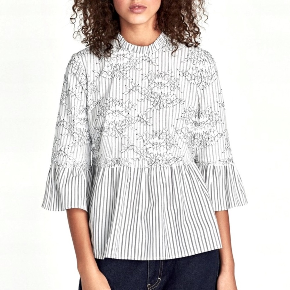 Zara Floral Lace Overlay Striped Peplum Top Size XL